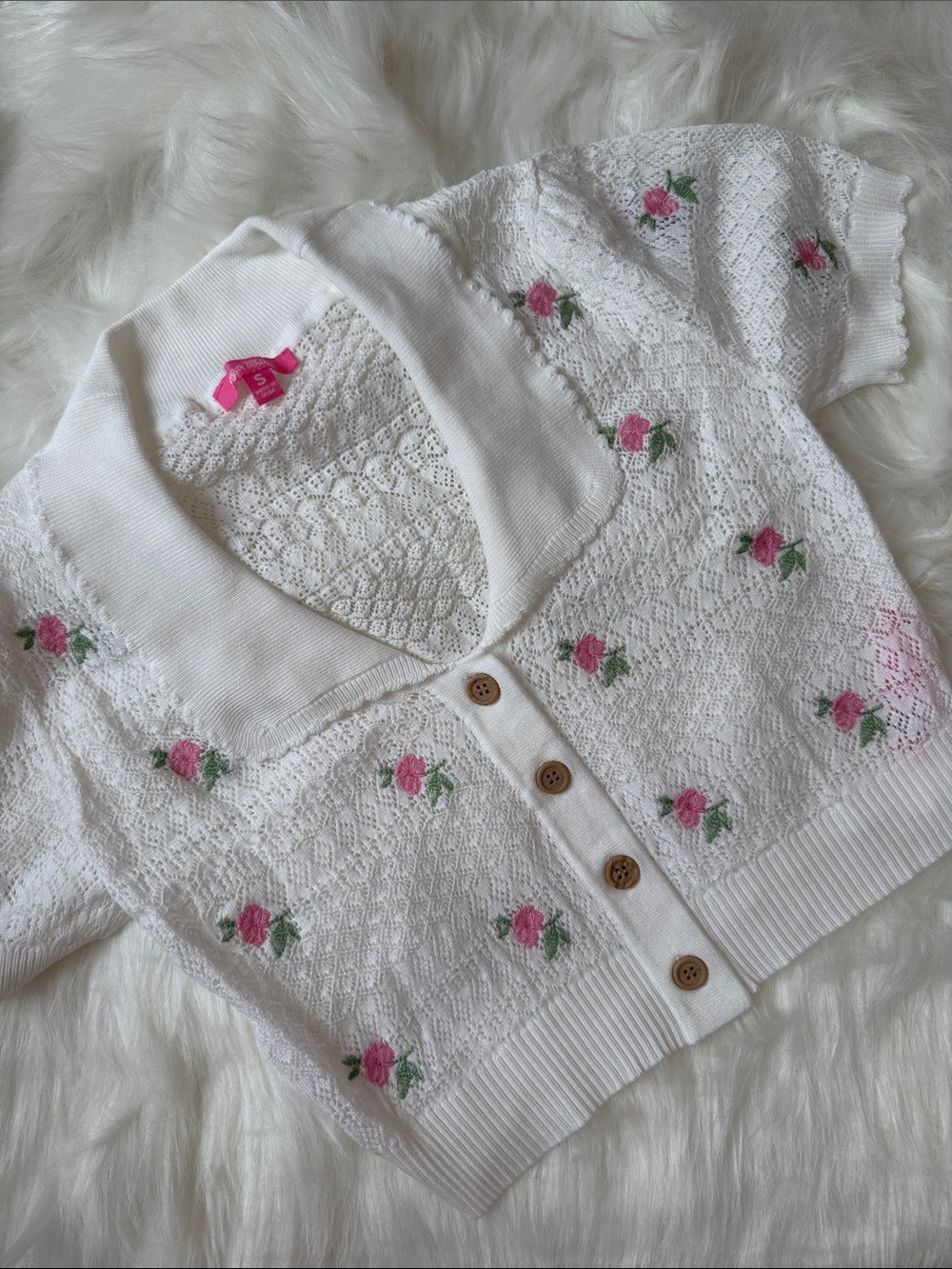 Sugar Thrillz White Knit Crop Cardigan with Pink Rose Embroidery